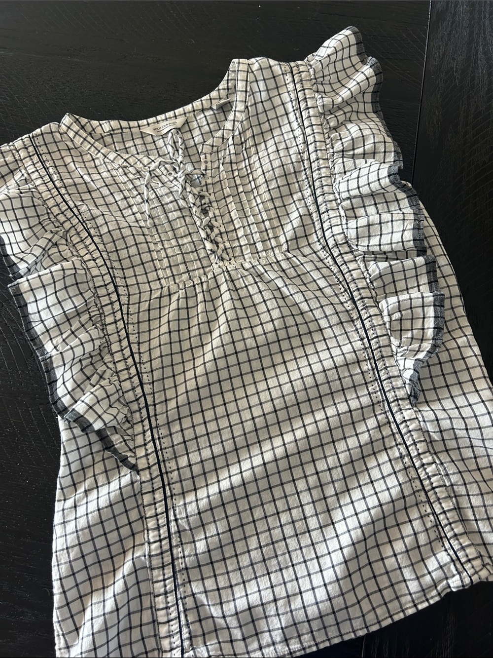 Navy and White Gingham Blouse with lace-up tie neckline and ruffled shoulders